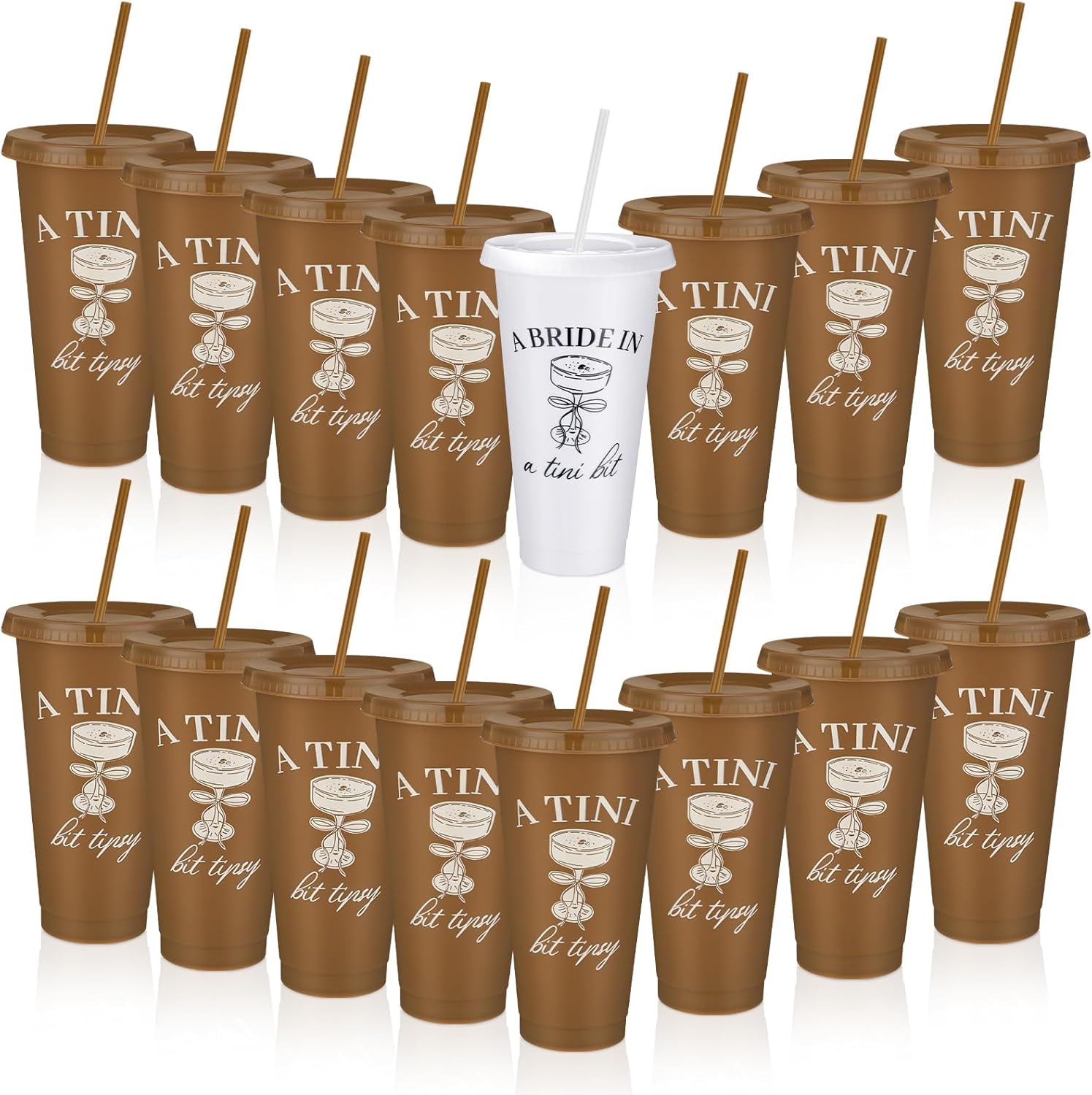 Jingmore 16 Martini Bachelorette Cups 24 oz a Tini Bit Bridal Cups with Lids Straw Pink Plastic Tumblers Mug for Wedding Party Engagement Bridal Party Gifts