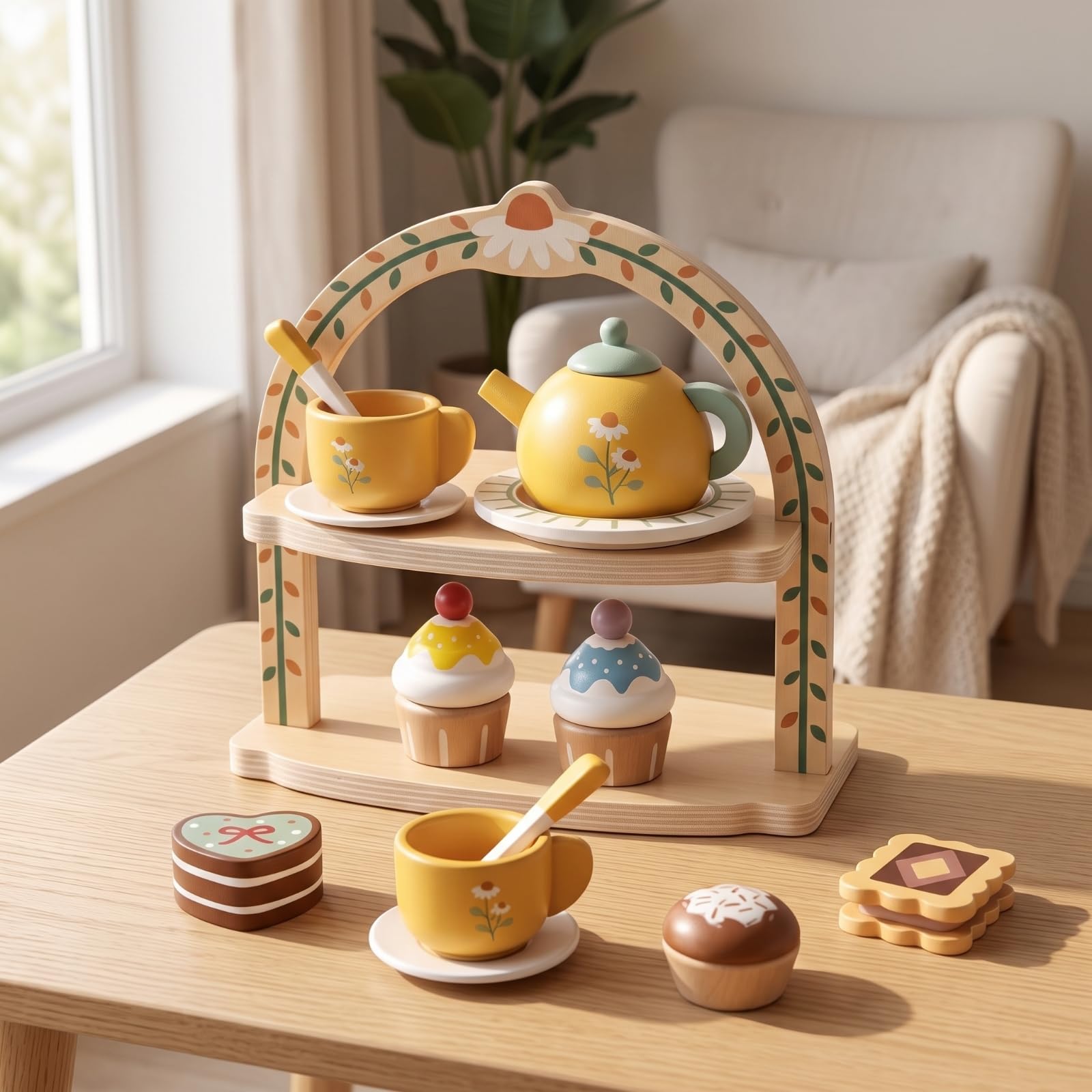 Juego Té Didáctico Juego Té con Soporte Divertido Vajilla Juguete con Postres Pequeños para Niños