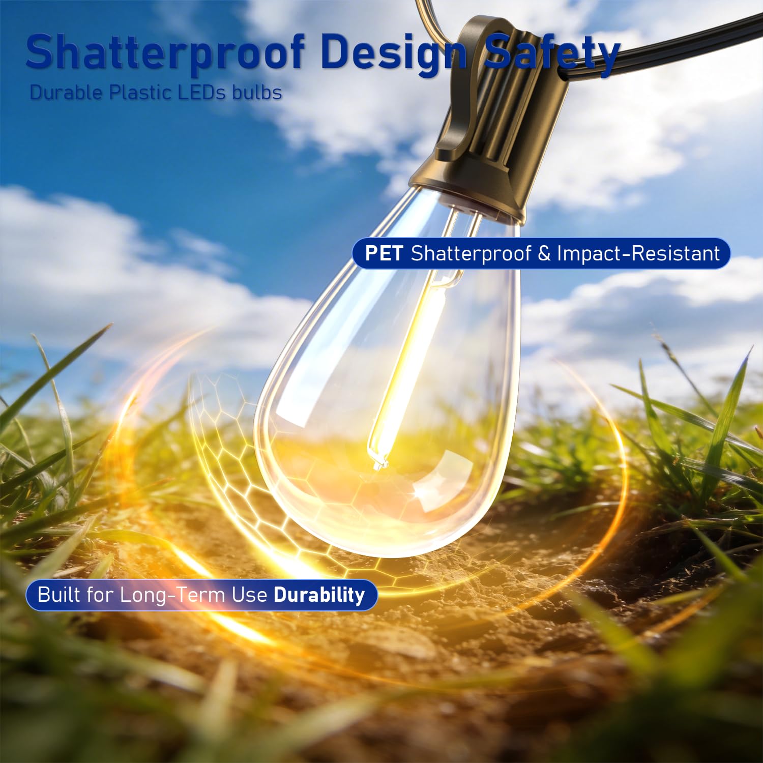Sikitul 50FT Outdoor String Lights with Remote & Dimmable, 18+1 Shatterproof Waterproof Bulbs, Dimmable Outside Hanging Patio Lights for Backyard, Porch, Deck, Garden 2200K Warm Yellow — view 8