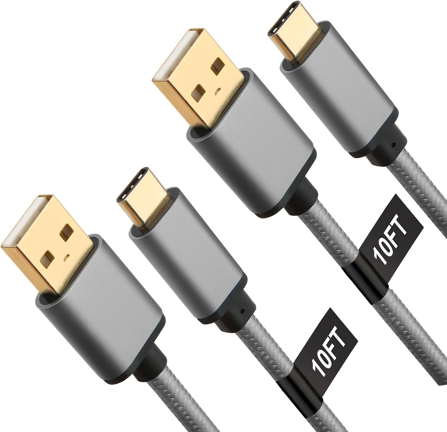 Type C Cable Fast Charging, X-EDITION USB C Cable (10FT, 2 Pack), Extra Long Nylon Braided Charger Cord Compatible with Samsung Galaxy S10/S10E/S9/S8 Plus, LG V40 V30 G7, Moto Z3 Z, Pixel 3 2 (Gray)