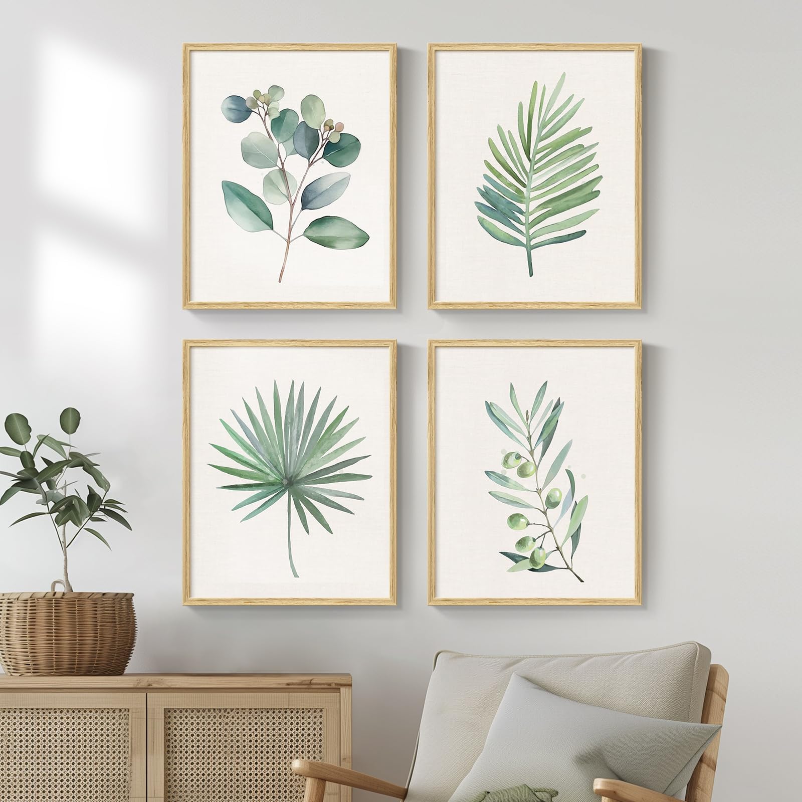 Framed Botanical Wall Art, Set of 4 Canvas Artwork for Walls, Rustic Sage Green Leaf Wall Decor for Living Room, Bedroom, Dining Room, Bathroom, Boho Botanical Wall Paintings with frame, Size 8" x 10"