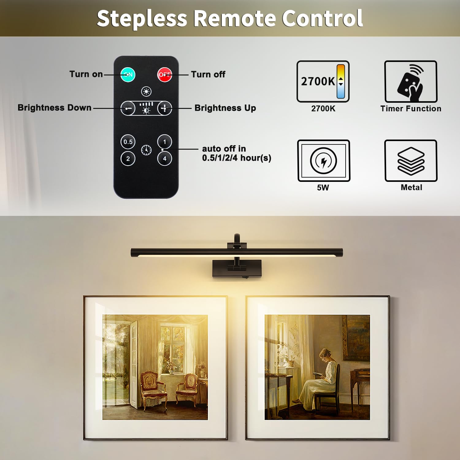 DESOOP Luci dimmerabili nere con telecomando e timer wireless Art luci ricaricabili illuminazione galleria per tela ritratto 24 '' pollici 5W bianco caldo
