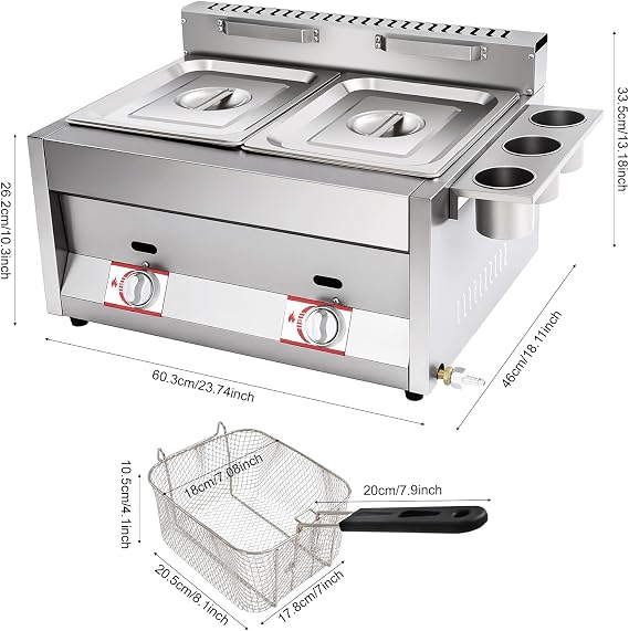 Dual Tank Commercial Gas Deep Fryer 12.68QT Stainless Steel Fryer with Basket & Lid, Independent Temperature Control for Restaurant, Food Truck, and Home Use