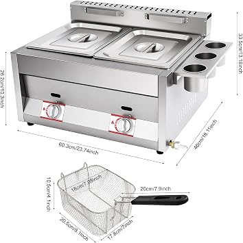 Dual Tank Commercial Gas Deep Fryer 12.68QT Stainless Steel Fryer with Basket & Lid, Independent Temperature Control for Restaurant, Food Truck, and Home Use