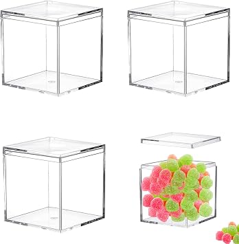 KissYou Acrylic Box with Lid Small Candy Boxes Clear Square Cube 4 Pieces Display Box Transparent Jewelry Storage Box Graduatio Party Decorative Boxes