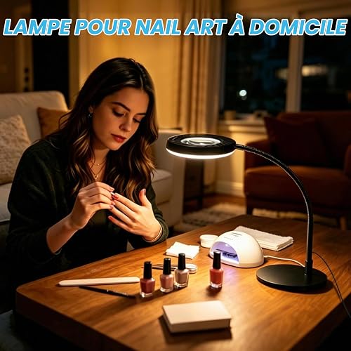 Akynite 12X Lampe Loupe avec Lumière et Support, 2A Adaptateur inclus, 5 Couleur 9 Luminosité, Loupe Lampe à 144 Led avec Pince et Bras pour Couture Lecture Bricolage Creation de Bijoux, Noire - 3