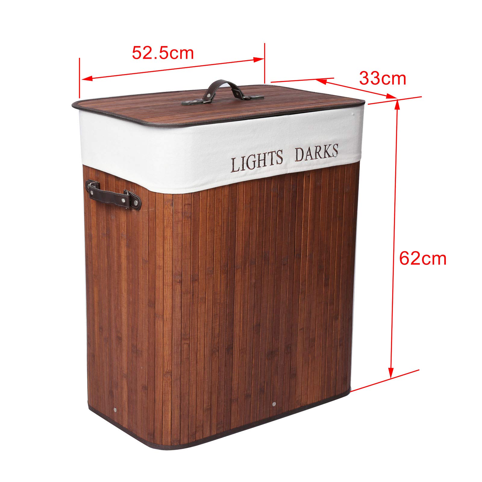 Wiltec Cesta ropa sucia 105 l plegable marrón de bambú cubo ropa sucia tapa removible con asa cesto ropa sucia con saco interior extraíble de lino con 2 compartimentos