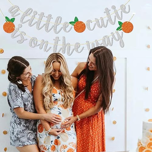 Miniatura 4 de Cartel con texto en inglés "A Little Cutie Is On The Way", pancarta de cítricos, cumpleaños temático naranja, decoración de fiesta de cumpleaños con