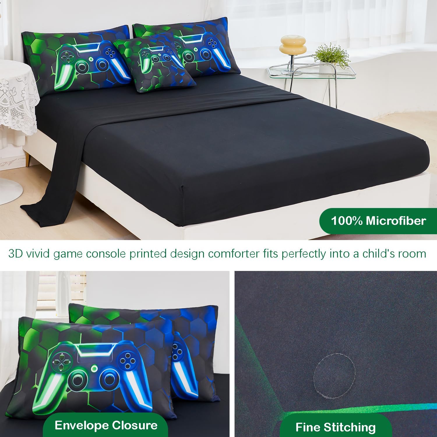 URBONUR 3D Game Comforter Set for Boys Girls 6Pcs Kids Gaming Bed in A Bag Bedding Sets with Sheets Lightweight All Season (Blue Green, Twin)
