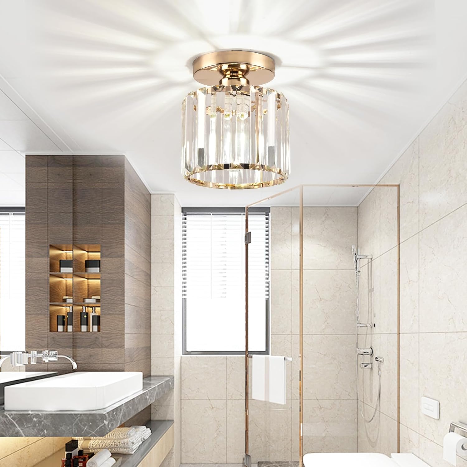 Semi Flush Mount Ceiling Light, Crystal Ceiling Light Gold Chandelier for Kitchen Hallway Entrance Balcony Dining Rooms Living Rooms Bar