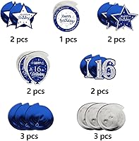 Vista 5 de Serpentinas de remolinos de cumpleaños feliz de 16 años con purpurina azul y plateada - Kit de 15 piezas de remolinos colgantes para el kit