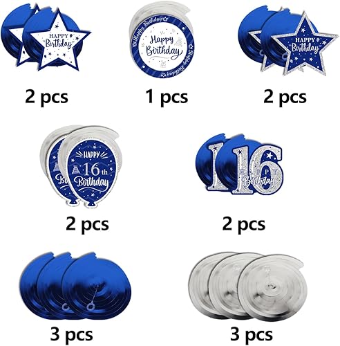 Miniatura 5 de Decoración de fiesta de serpentinas con purpurina azul y plateada de feliz 16 cumpleaños, 15 piezas de 16 cumpleaños, letrero de fiesta de