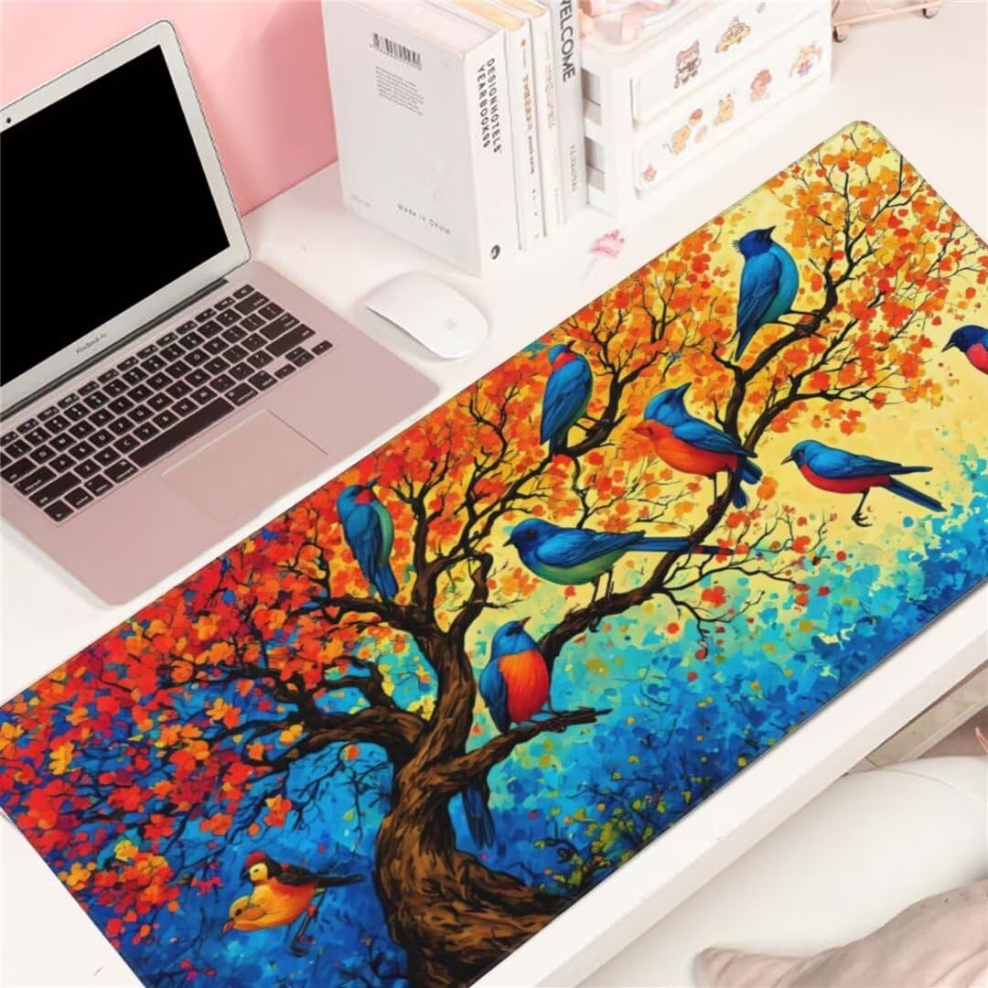 Alfombrilla de ratón 1400x600x3 MM, Alfombrilla Ratón XXL Extendida de Gran Tamaño con Bordes Cosidos, Base de Goma Antideslizante Almohadilla para Teclado, Árbol y pájaro S-10985