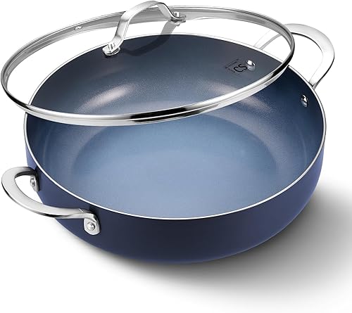 KOCH SYSTEME CS Sartén para saltear de 12 pulgadas, sartén profunda de 5.5 cuartos de galón, sartén antiadherente de cerámica sin toxinas con tapa,