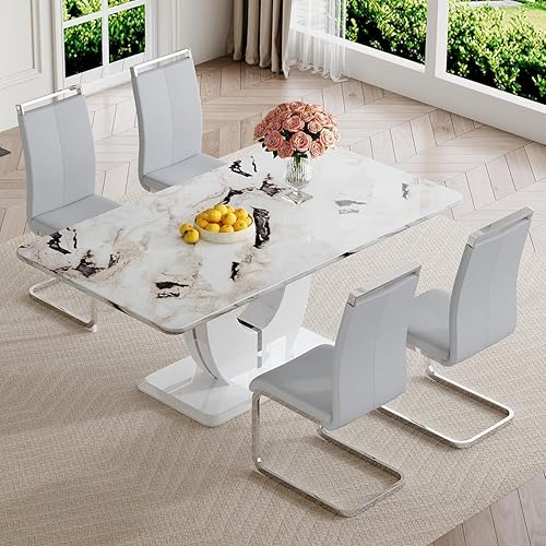 Miniatura 130 de JUFU Juego de mesa de comedor para 6 personas con sillas tapizadas de poliuretano, mesa y sillas de comedor de mármol sintético gris de 63 pulgadas,