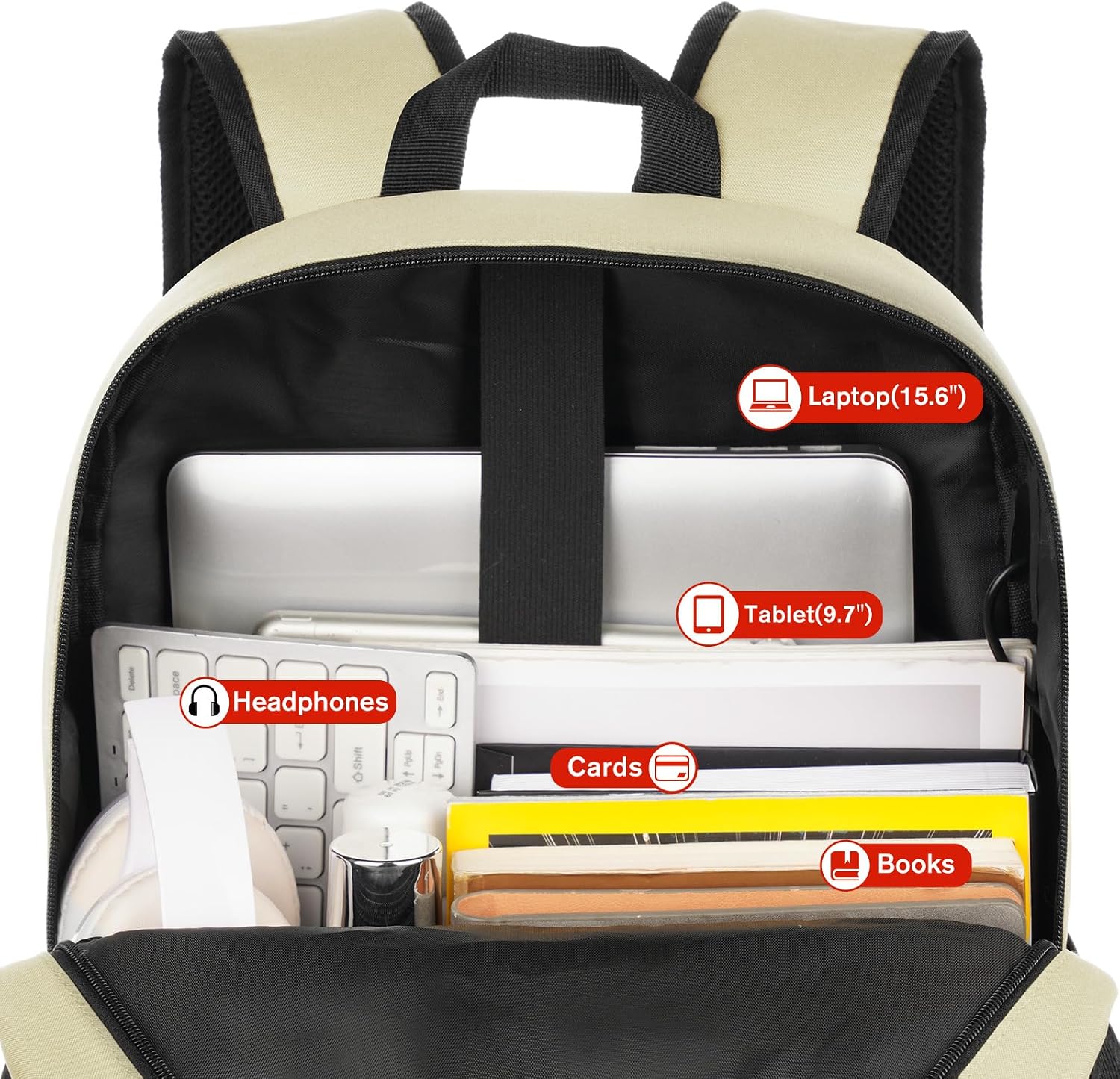 YAMTION School Backpack,Unisex Classic Bookbag Teens Schoolbag with USB Port for High School College Office Work Travel, 15.6 inch, Beige
