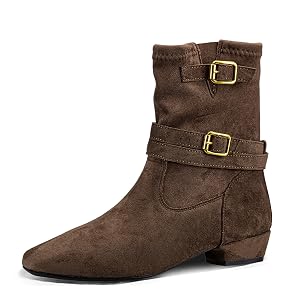 Womens Suede Mid-Calf Boots Brown Double Buckle Design