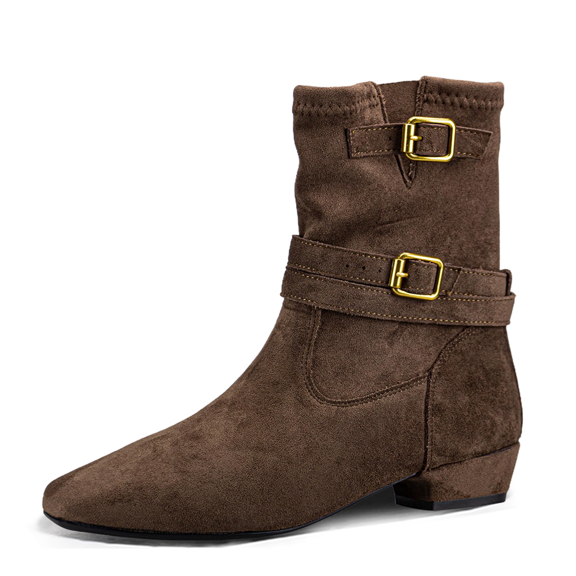 Womens Suede Mid-Calf Boots Brown Double Buckle Design