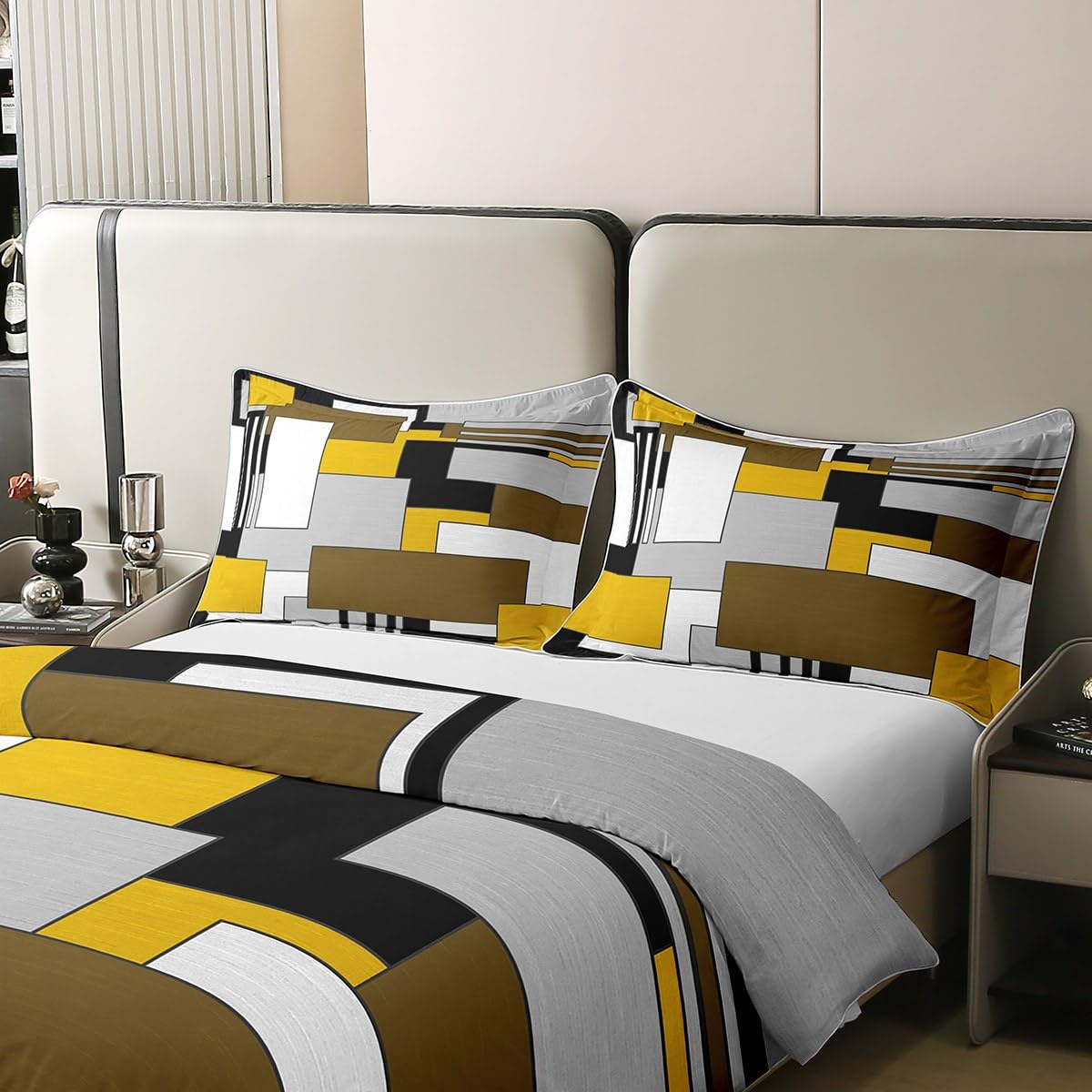 Juego de ropa de cama geométrica de color amarillo, gris y marrón, funda de edredón geométrica individual para niños y niñas, funda de edredón moderna abstracta, 100% algodón, transpirable, cuadrada,