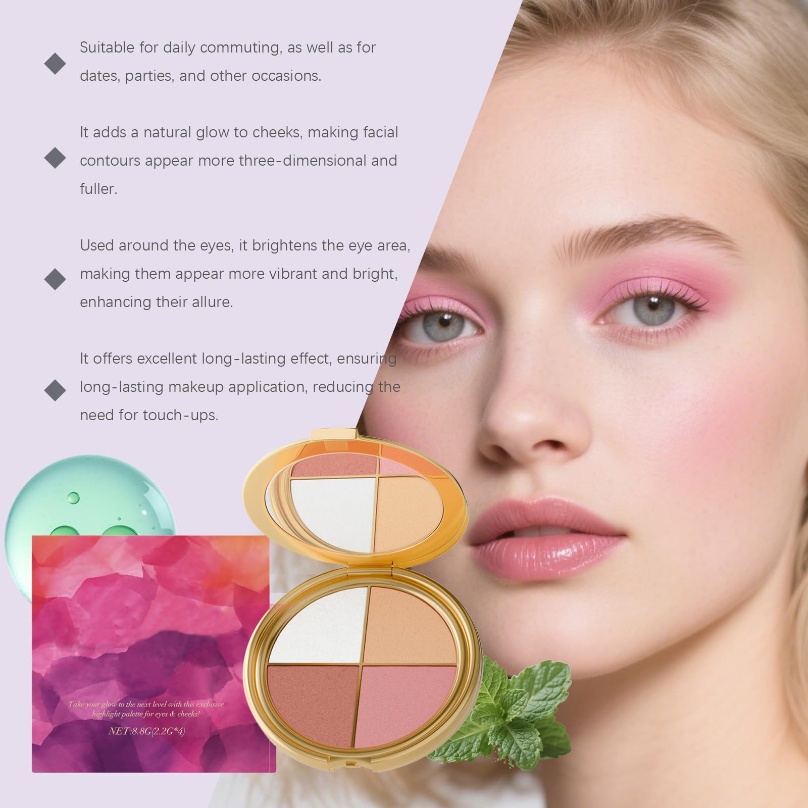 Palette Illuminatore Occhi E Guance - Ombretti E Illuminatori, 4 in 1, Blush, Setoso E Facile Da Esplosione, Polvere Contorno Brillante Naturale, Per Guance E Occhi (8 pezzi)