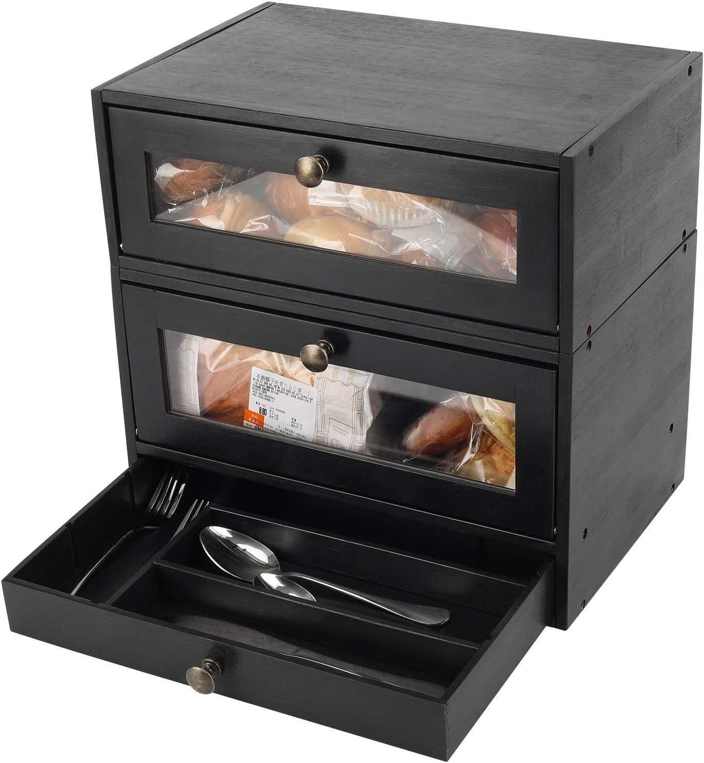 TQVAI Bread Box for Kitchen Countertop, Bamboo Bread Box, 3 Tier Bread Storage Container with Silverware Drawer - Assembly Required, Black