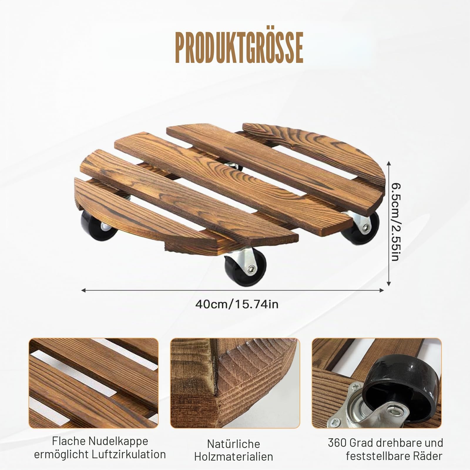 Pflanzenroller Rund 40x40cm, 2 Stuck Blumenroller Rollbrett Rund, Pflanzen Rollbrett Tragkraft 90Kg, Pflanzenroller Outdoor, Blumentopf Untersetzer Mit Rollen, Blumenuntersetzer Rund mit Rollen