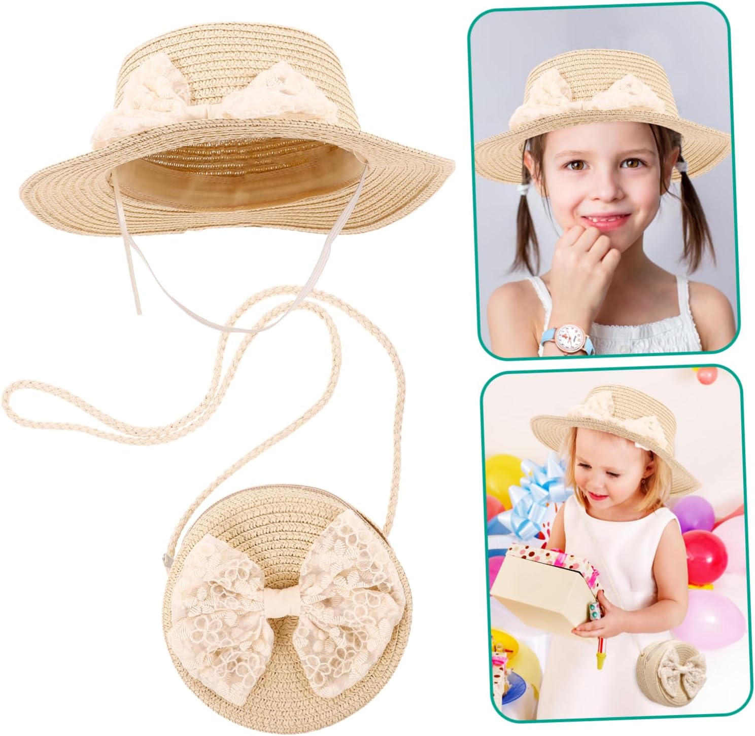 1set Straw Hat and Matching Beach Bag for Girls Wide Brim Sun Lightweight and Breathable for Years Lace Material Stylish and Comfortable Khaki