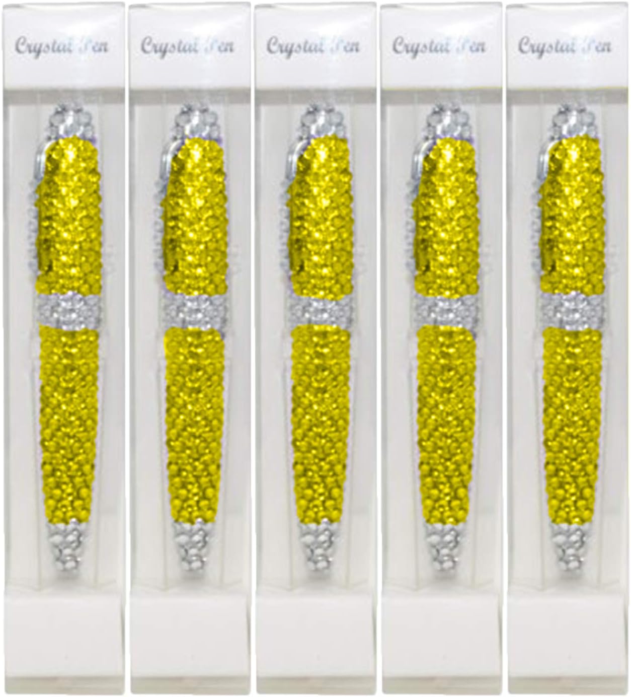 BG247 Yellow with White Crystal Rhinestone Roller Ball Pens | 5-Pack