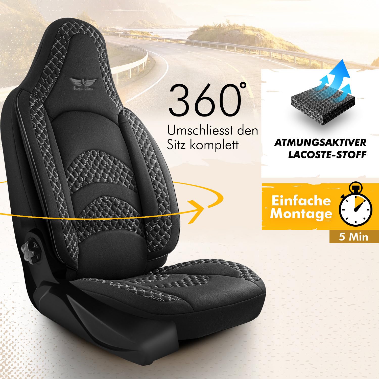 RC Royal Class Auto Sitzbezüge Pilot Vordersitze Fahrer und Beifahrer kompatibel für Challenger Wohnmobil Caravan in Schwarz Grau Pilot 3.1 das Sitzbezugsset Auto Zubehör Innenraum