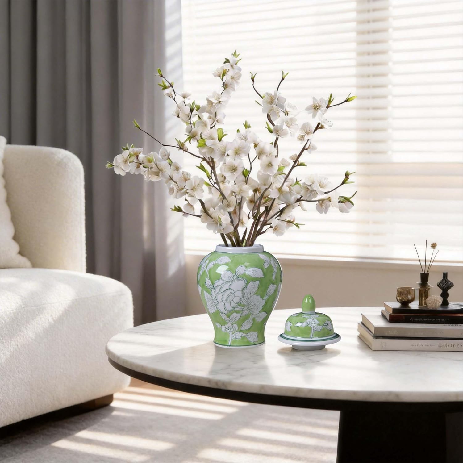 7.85 Inch Small Ceramic Ginger Jar, Green Hand-Painted Decorative Flower Vase, Chinoiserie Decor Porcelain Tea Jars with Lids for Kitchen, Living Room, Office or Bookshelf