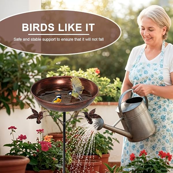 Nzkeuf Abreuvoir Oiseaux Extérieur, 81cm Métal Bain d'oiseaux avec Base Stable 5 Broches, Mangeoire Oiseaux Exterieur sur Pied pour Oiseaux Sauvages, Jardin, Terrasse et Balcon(Brun) - 5