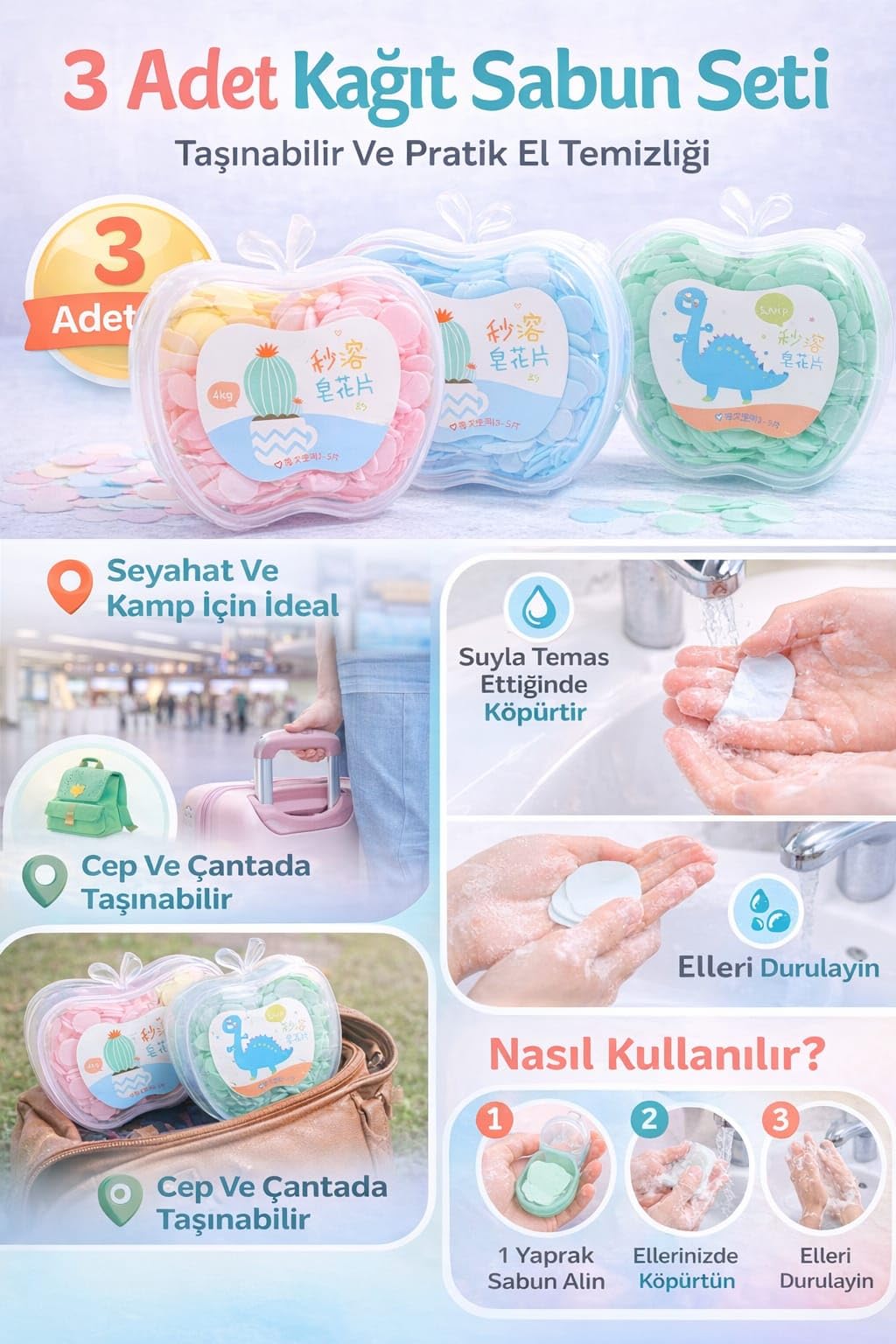 3 Kutu Kağıt Sabun Yaprakları,(Kutu İçi 100 Adet Yaprak) Taşınabilir El Sabunu, Seyahat Ve Günlük Kullanım İçin, Renkli Yaprak Sabun, Pratik Hijyen Çözüm,Taşınabilir Kağıt Sabun Yaprakları, Kamp