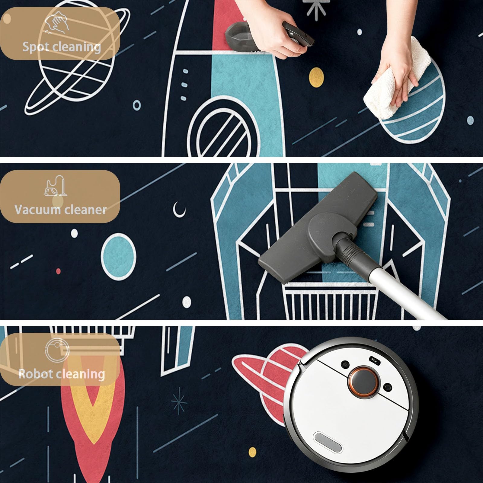 Generisch Alfombra de cohete planetas 160 x 230 cm para salón, dormitorio, comedor, antideslizante, suave pelo corto, dibujos animados, espacio exterior, alfombra negra para fácil limpieza