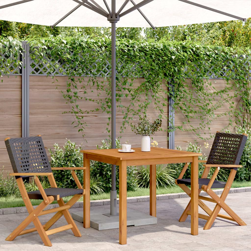Gartenstühle 2er Set Schwarz, Massivholz Akazie & Poly Rattan, Klappbar, 54x57x91 cm, für Garten, Terrasse, Balkon, Hohe Tragfähigkeit