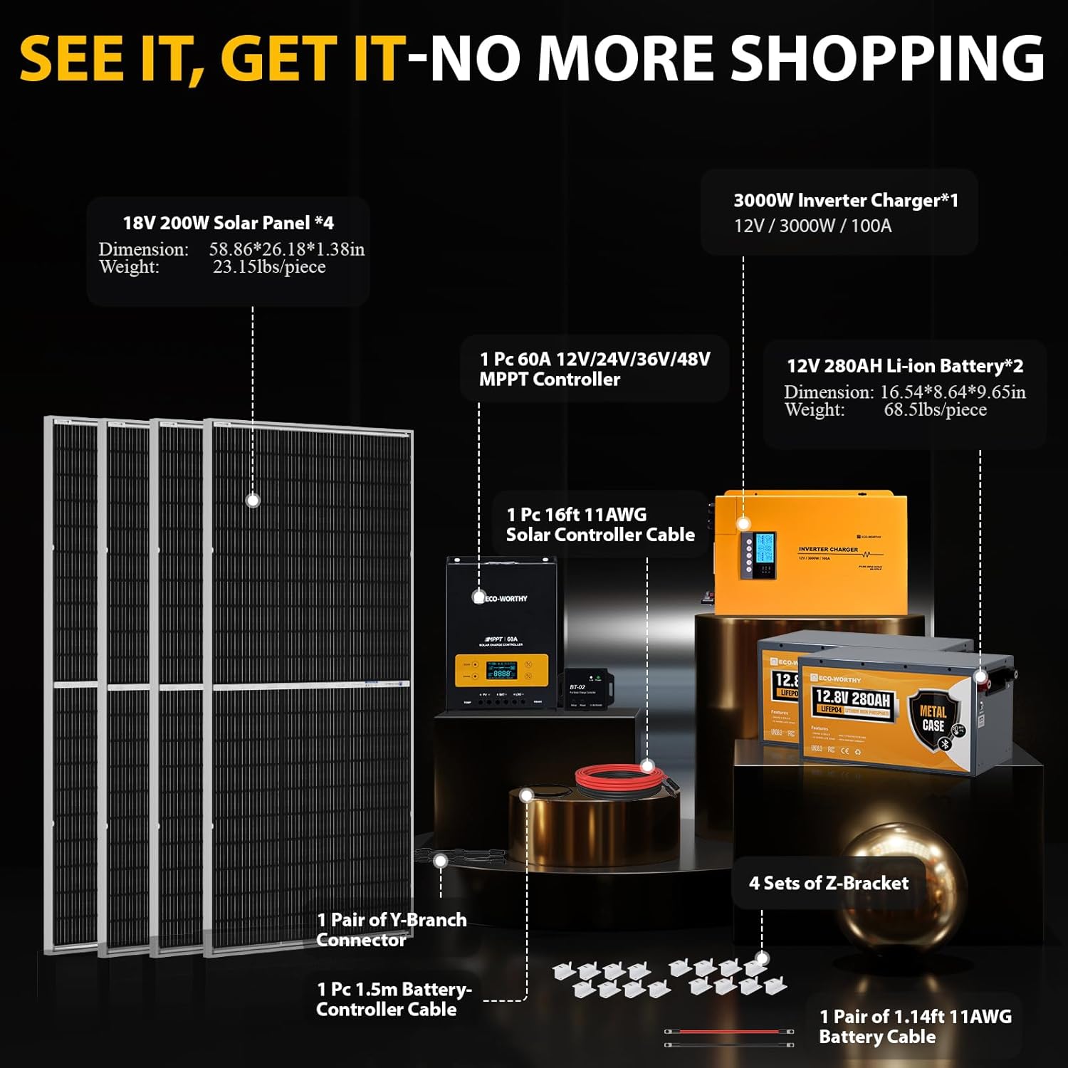 ECO-WORTHY 7.168KWH 800W Solar Panel Kit for RV Off Grid Complete System with 4PCS 200W Solar Panels, 3000W UPS Inverter Charger, 2PC 12.8V 280AH Lithium Batteries, 60A MPPT Controller Bluetooth