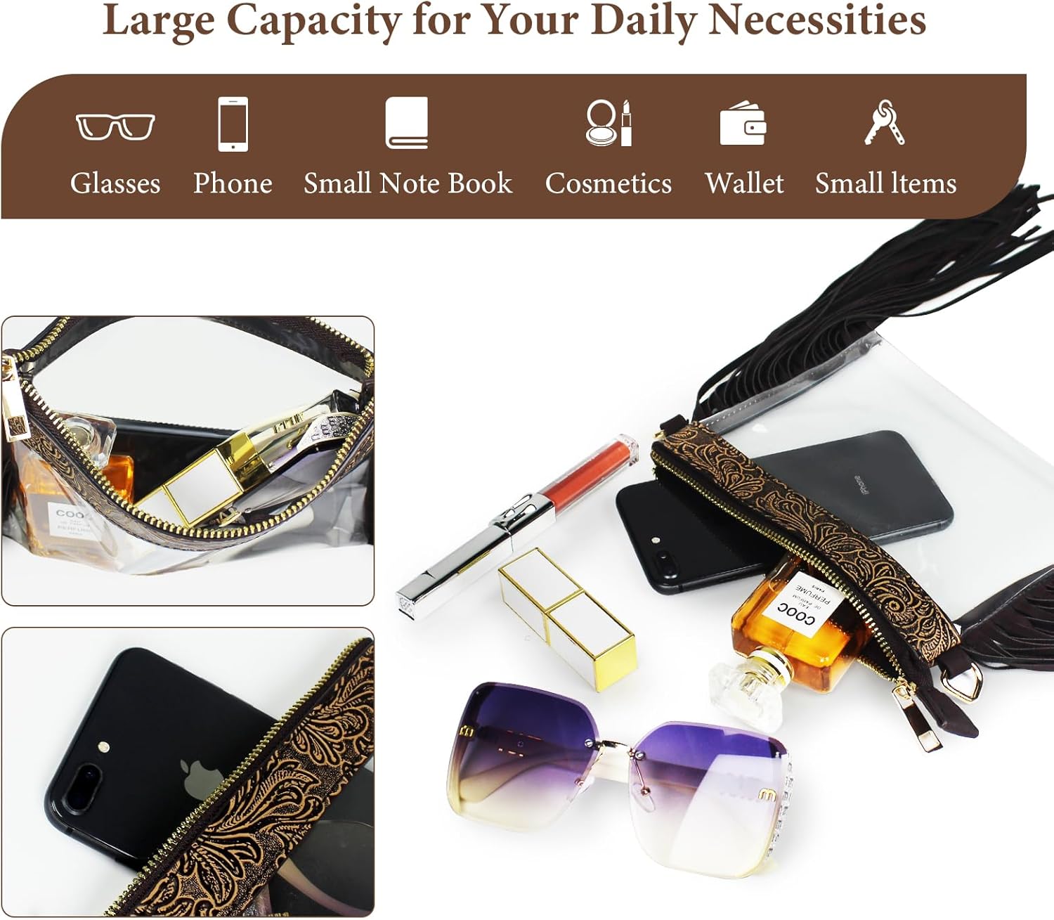 Clear Western Purse with Leather Fringe Trim, Brown Tassel Design, Transparent - Image 4