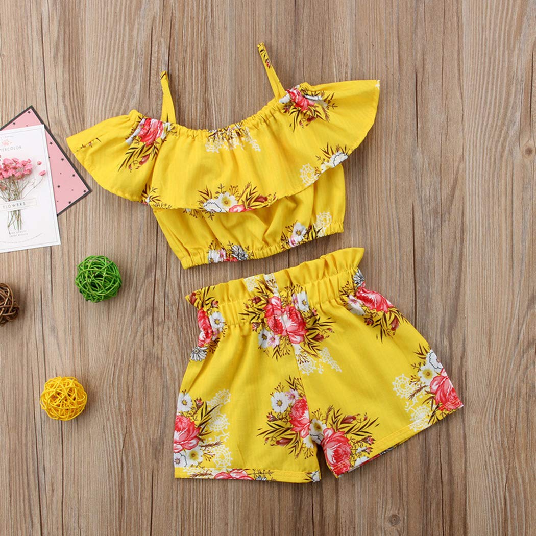 Toddler Kids Baby Girl Floral Halter Ruffled Outfits Clothes Tops+Shorts 2PCS Set (2-3 Years) Yellow