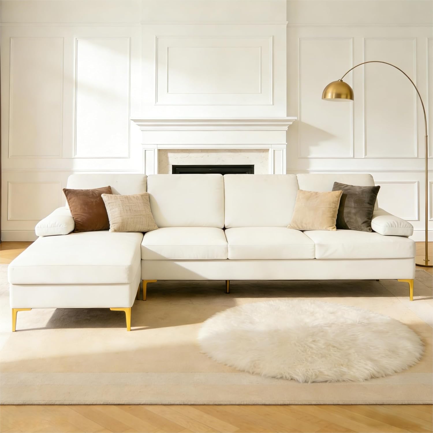 Modern L-Shaped Sectional Sofa with Gold Legs, Apartment Sectional Couch with Left Facing Chaise, 4 Seater Fluffy Couch, 99 Inch Furniture, Beige