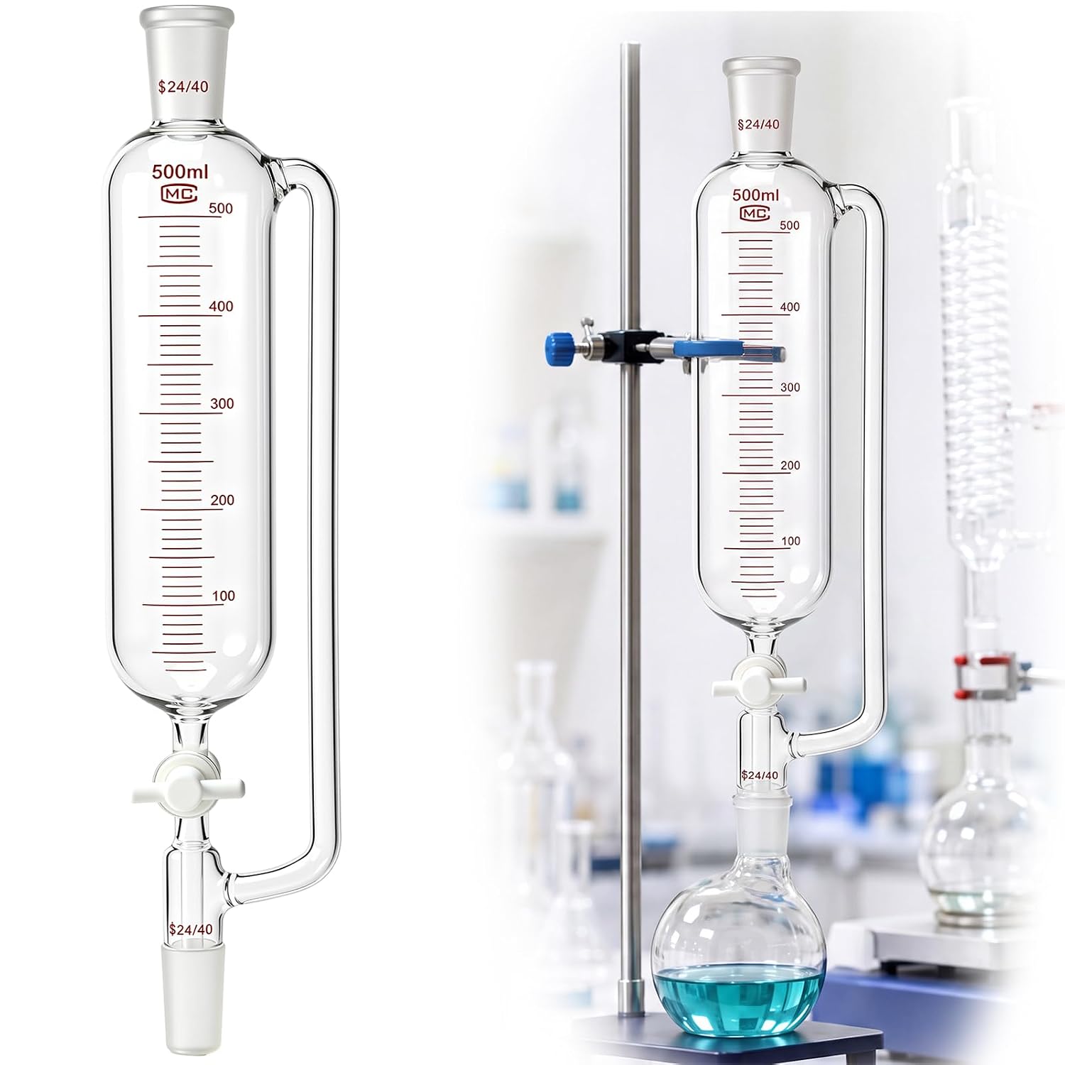 500ml Pressure Equalizing Dropping Funnel Borosilicate Glass Cylindrical Addition Funnel with PTFE Stopcock Dual 24/40 Standard Taper Joints Graduated Laboratory Glassware for Closed System