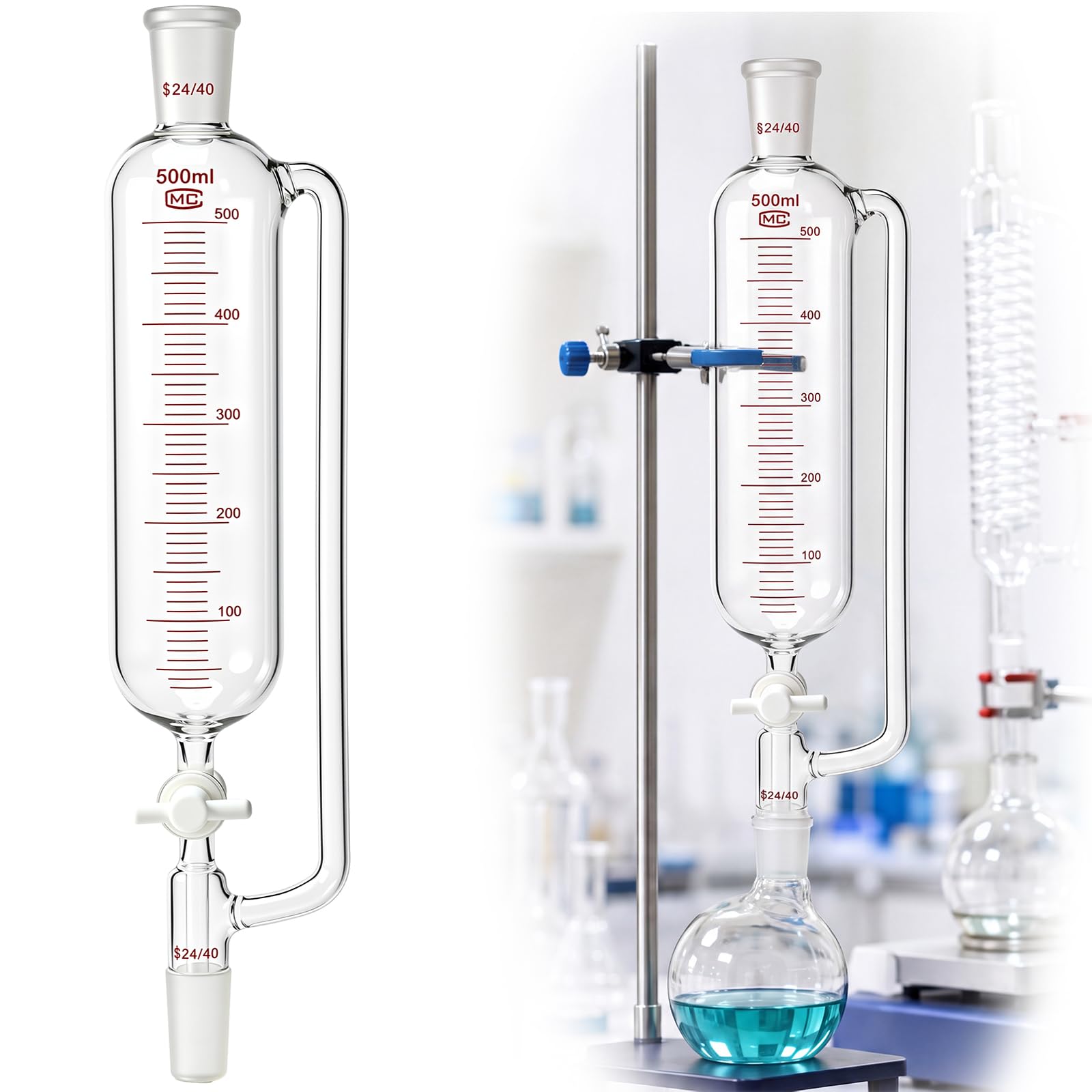 Sabary Embudo cilíndrico de adición de vidrio de borosilicato de 500 ml con llave de paso de PTFE doble 24/40, juntas cónicas estándar graduadas para sistema cerrado