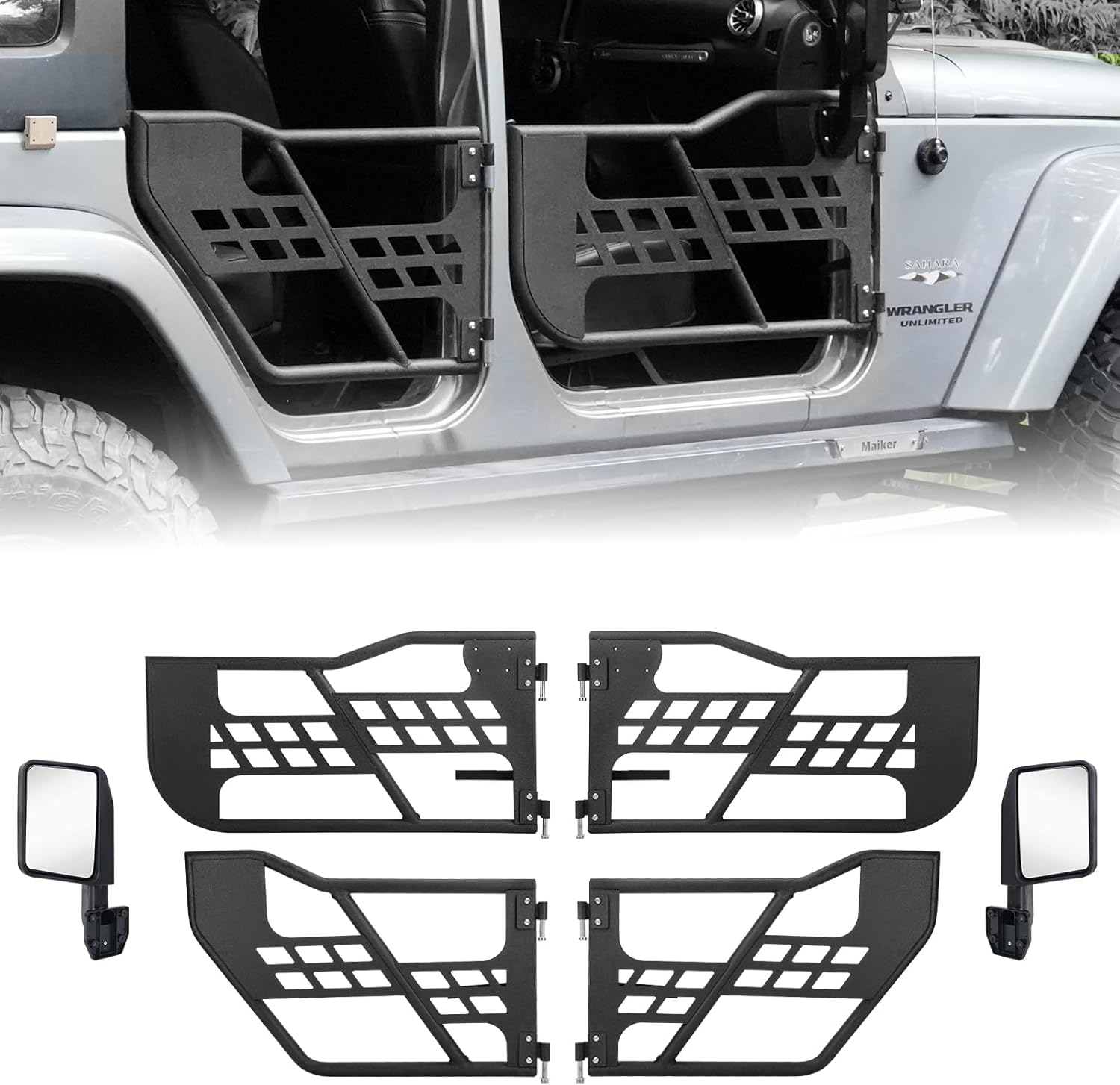 Steel Tubular Doors with Side View Mirror for 2007-2017 Jeep Wrangler JK JKU 4 Door, 40 inches x 22 inches x 11.5 inches