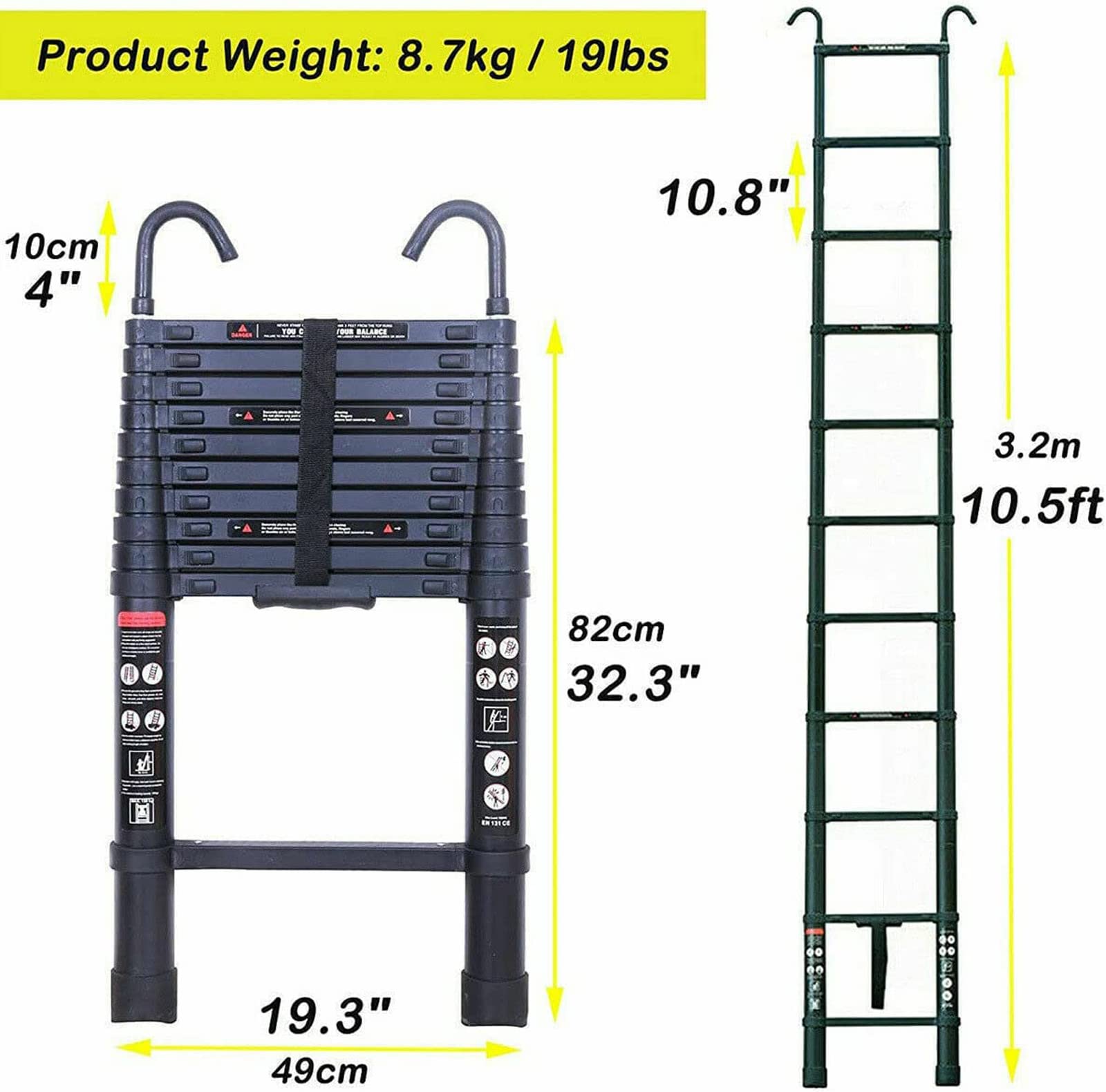 Ausziehbare Klappleiter, Teleskopleiter, 3,2 m, Aluminium, mit abnehmbarem Haken, für Mehrzweck-Dachboden, ausziehbar, 150 kg, robust, Leitern, EN131 Standard
