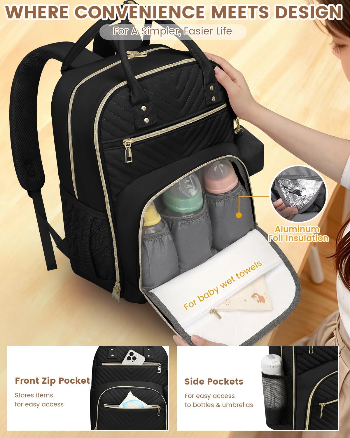 Diaper Bag Backpack,Baby Essentials Diapers Bag with Pacifier Case,Multipurpose Stylish Large Capacity Travel Backpack for Baby Girl/Boy(L-Black) - Image 4