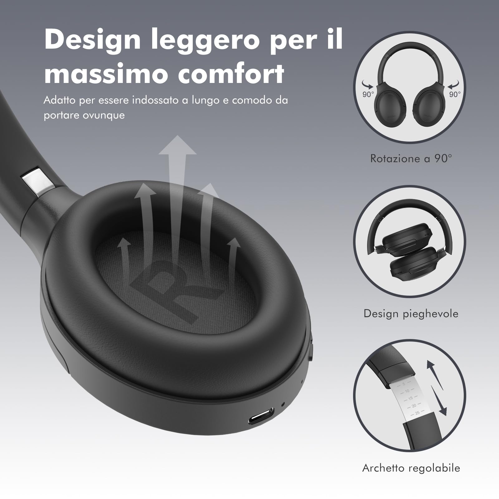 Srhythm NC45 Cuffie con Cancellazione Attiva del Rumore, Cuffie Bluetooth Wireless Sopra l'orecchio con Microfono Bassi Profondi, Pieghevoli e Resistenti, Comodi Cuscinetti Proteici, 40 Ore