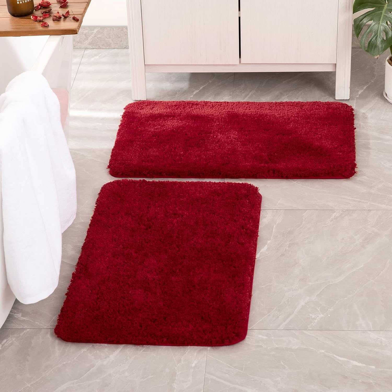 MIULEE Christmas Red Set of 2 Non Slip Shaggy Bathroom Rugs Extra Thick Soft Bath Mats Plush Microfiber Absorbent Water for Tub Shower Machine