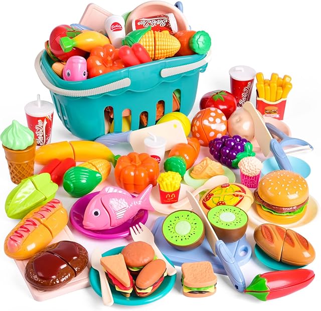 LOYEAH 90 PCS Cutting Play Food Toy for Kids Kitchen, Pretend Play Kitchen Accessories with Storage Basket, Toy Fruits, Toy Vegetables,Knives, Cutting Boards, Plates, Toddlers Kids Birthday Gifts