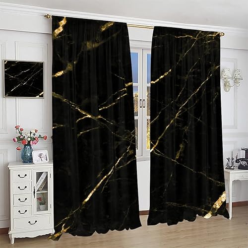 Miniatura 3 de Cortinas de cocina de mármol negro dorado y moderno, diseño retro y moderno, con estampado de textura de mármol, bolsillo para barra, cortinas de
