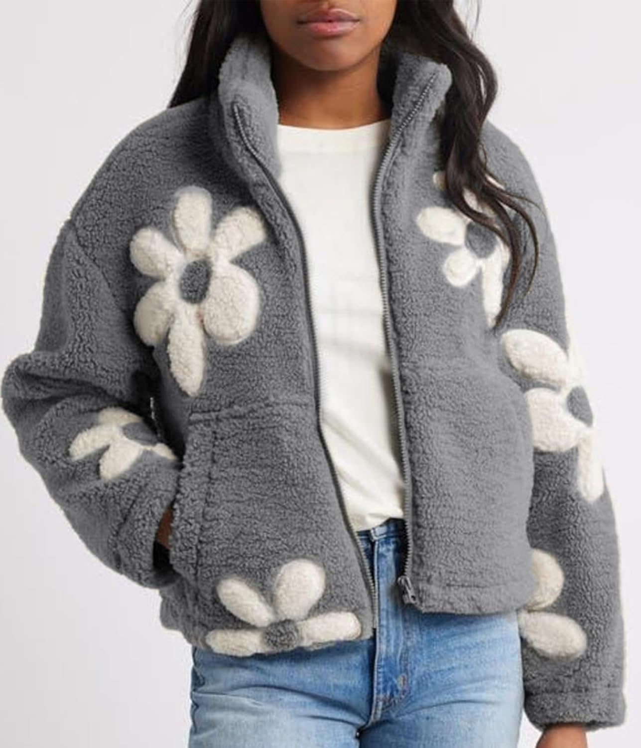 Maixang Womens Floral Print Sherpa Fleece Jackets Winter Zipper Cropped Coat Casual Long Sleeve Outwear with Pockets - Image 3