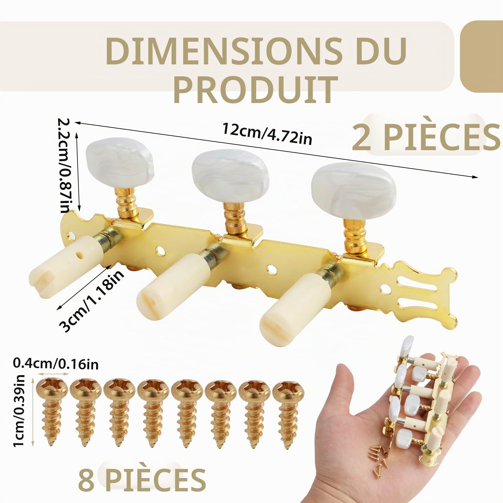 2 Pièces Mécaniques pour Guitares Classiques, Guitare Classique Tuning Pegs 3L+3R avec Boutons Blancs, Mécaniques d'Accordage de Remplacement pour Guitare Acoustique et électrique