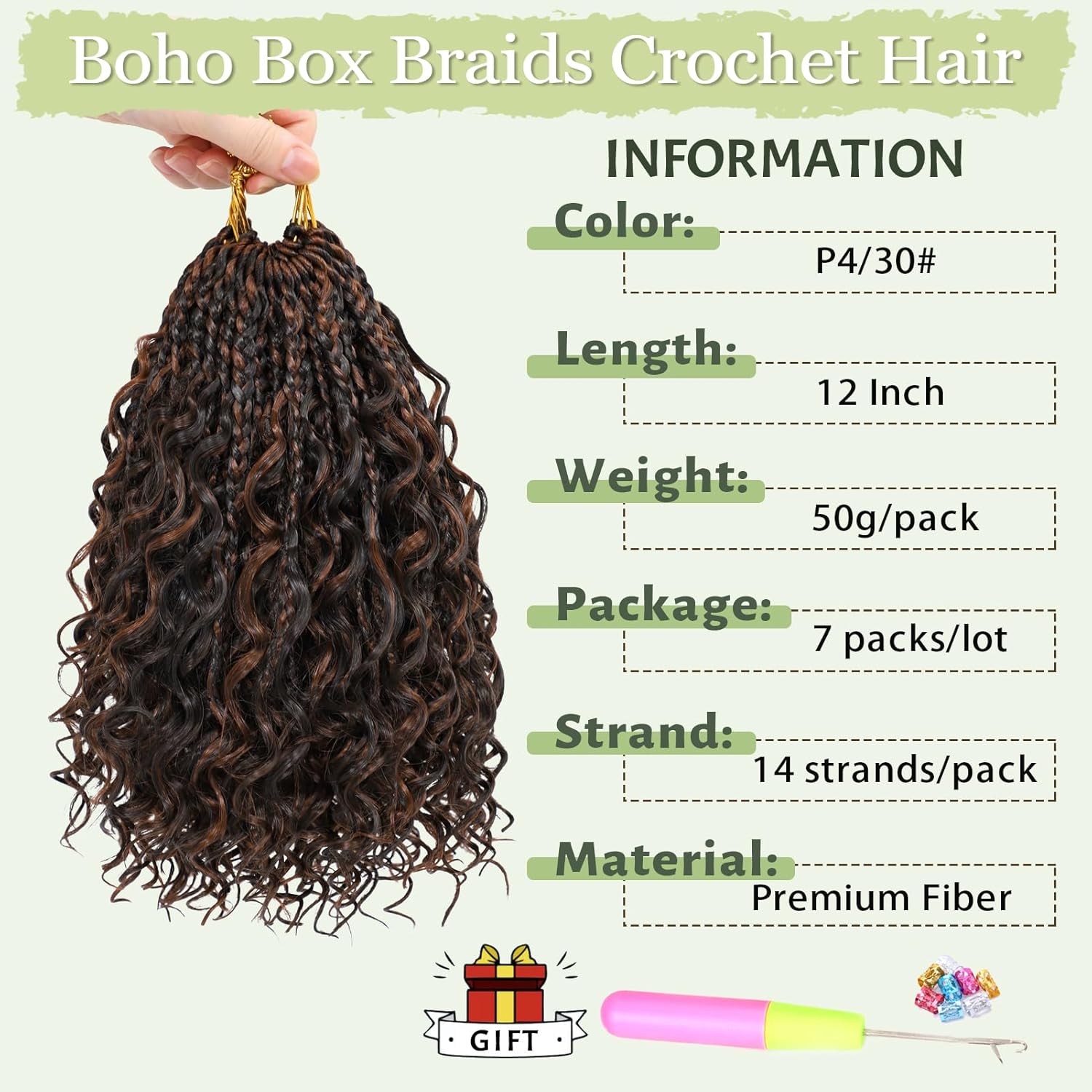 Goddess Box Braids Crochet Hair for Woman 12 Inch 7 Packs Short Pre-looped Crochet Box Braids Curly Ends Bohemian Hippie Braid Synthetic Braiding Hair Extension P4/30